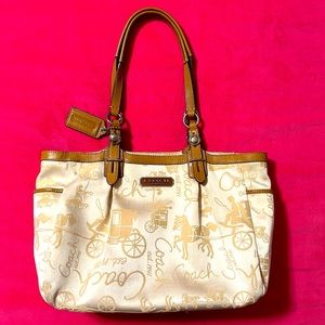 COACH silky fabric and leather horse+buggy cream/tan purse- beautiful condition